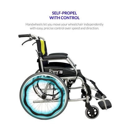 iCare MV21 Self-Propelled Aluminum Manual Wheelchair, Super Lightweight, Foldable & Compact - Easy to Transport
