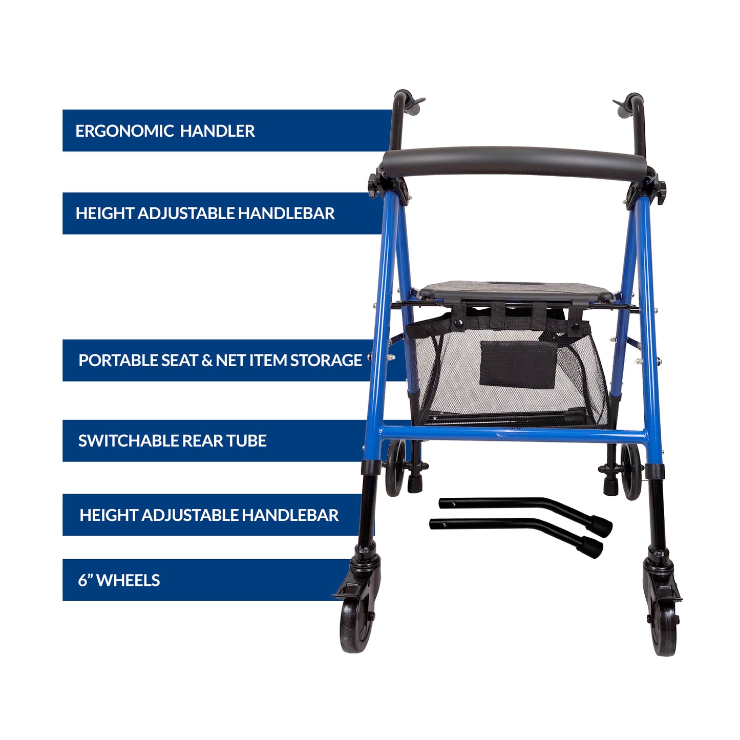 iCare® RL110 StrollMate 4 Wheel Rollator with Built in Seat, Height Adjustable Handlebar and Tubes, and Built-in Brakes for Disability, Injury Support and Elderly