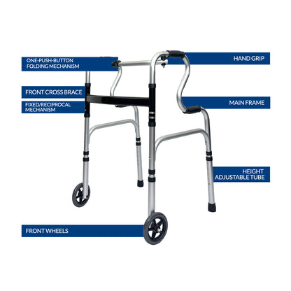 iCare AW112 Aluminum Folding Walker with back handles and wheels for mobility and support
