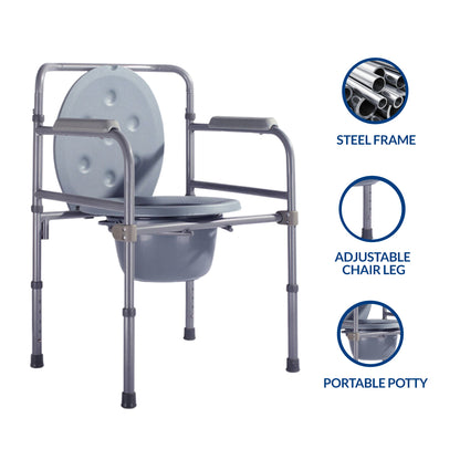 iCare® SC510 BasicLoo Steel Commode Chair with Bedpan, Height Adjustable Feet and Steel Frame for Disable and Elderly