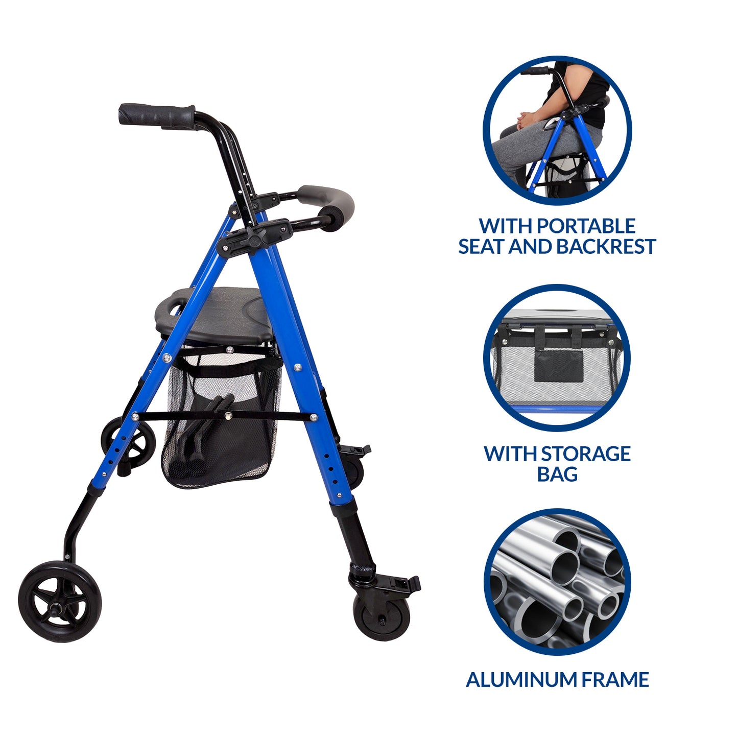 iCare® RL110 StrollMate 4 Wheel Rollator with Built in Seat, Height Adjustable Handlebar and Tubes, and Built-in Brakes for Disability, Injury Support and Elderly