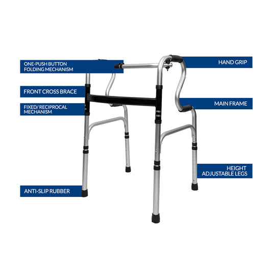iCare AW111 Lightweight Aluminum Folding Walker with Adjustable Legs, Reciprocal Function and Anti-slip tips for stability and support