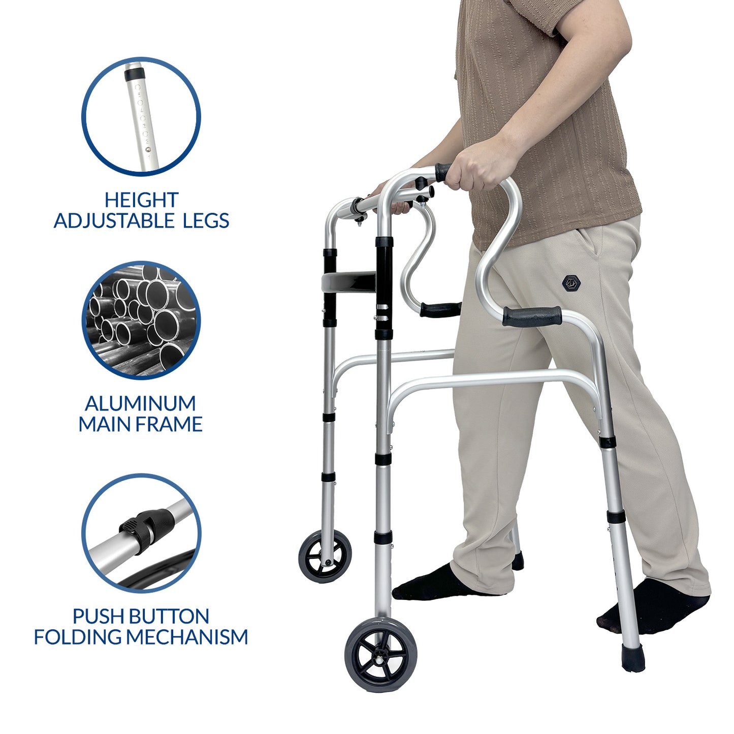 iCare AW112 Aluminum Folding Walker with back handles and wheels for mobility and support