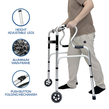 iCare AW112 Aluminum Folding Walker with back handles and wheels for mobility and support