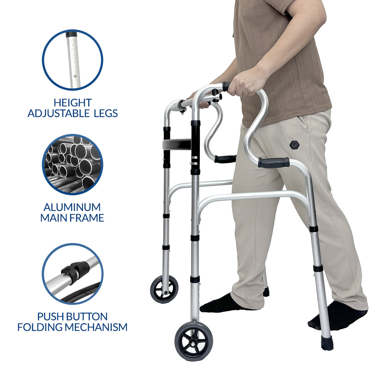 iCare AW111 Lightweight Aluminum Folding Walker with Adjustable Legs, Reciprocal Function and Anti-slip tips for stability and support