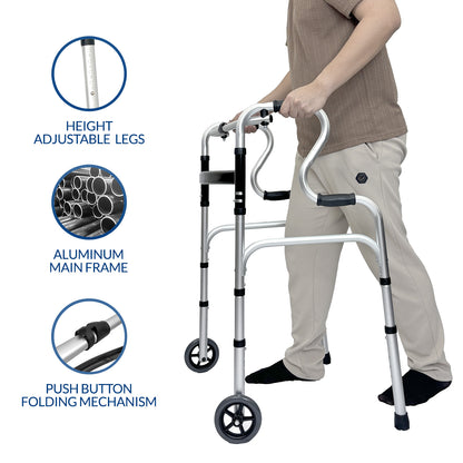 iCare AW111 Lightweight Aluminum Folding Walker with Adjustable Legs, Reciprocal Function and Anti-slip tips for stability and support