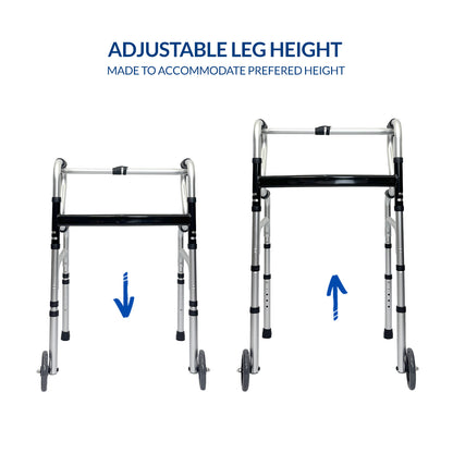 iCare AW112 Aluminum Folding Walker with back handles and wheels for mobility and support