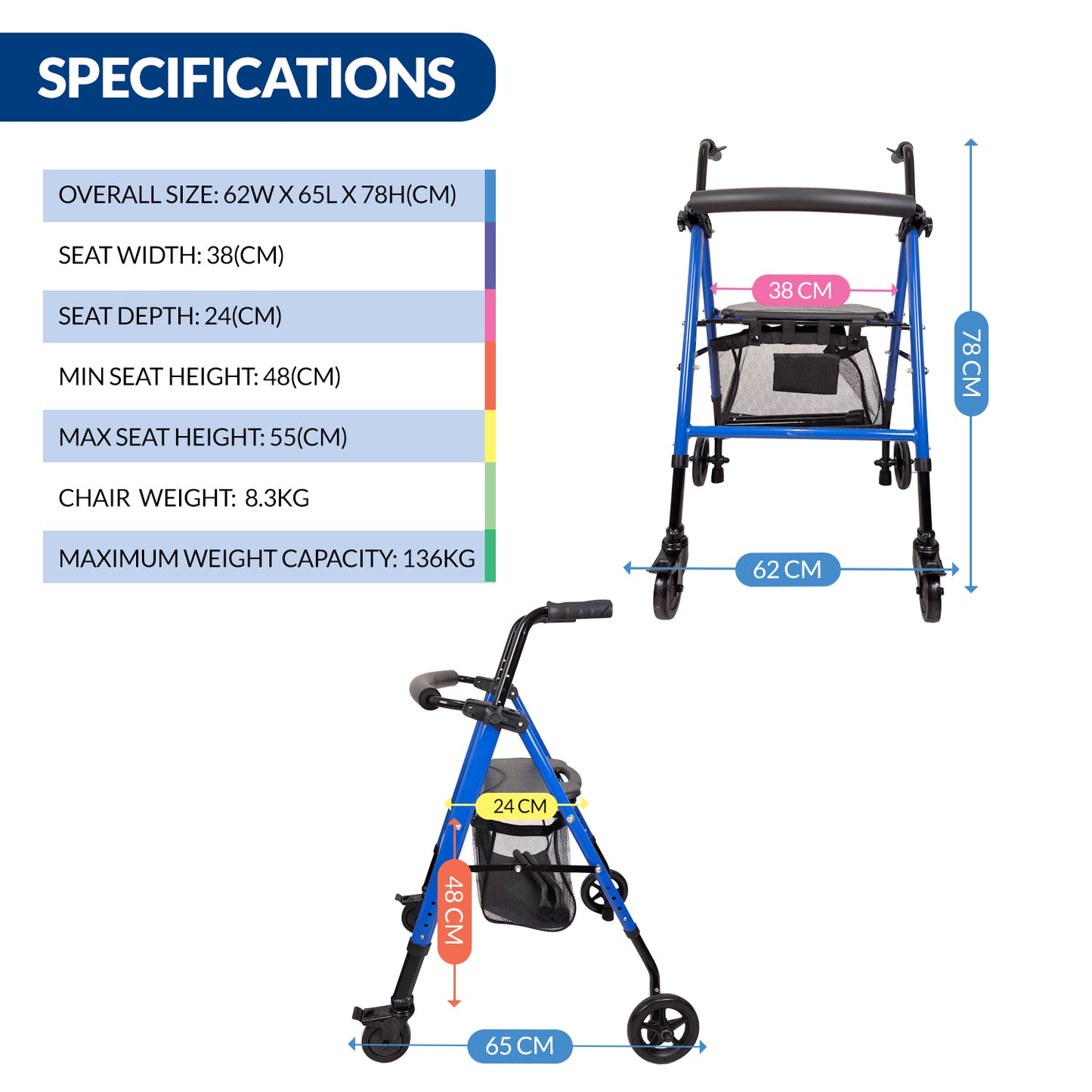 iCare® RL110 StrollMate 4 Wheel Rollator with Built in Seat, Height Adjustable Handlebar and Tubes, and Built-in Brakes for Disability, Injury Support and Elderly