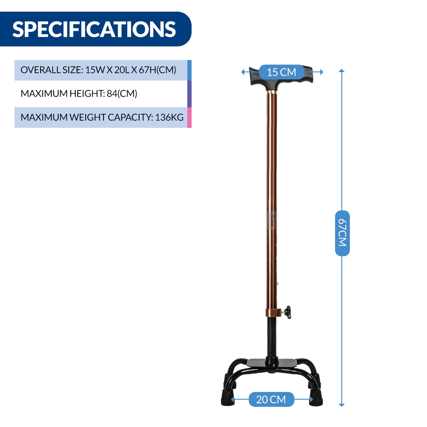 iCare® WS010 QuadPro with 4 Legs, Height Adjustable Tube, Ergonomic Handle and Anti-Slip Tips for Disabled and Elderly.