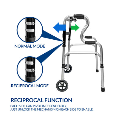 iCare AW112 Aluminum Folding Walker with back handles and wheels for mobility and support