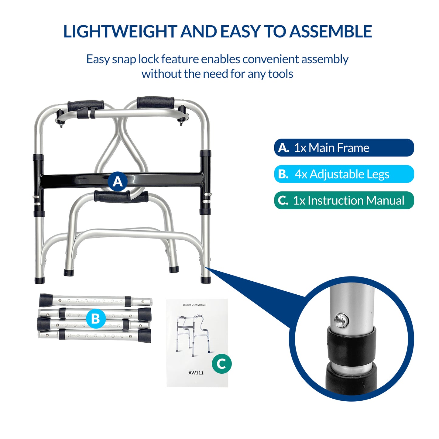 iCare AW111 Lightweight Aluminum Folding Walker with Adjustable Legs, Reciprocal Function and Anti-slip tips for stability and support