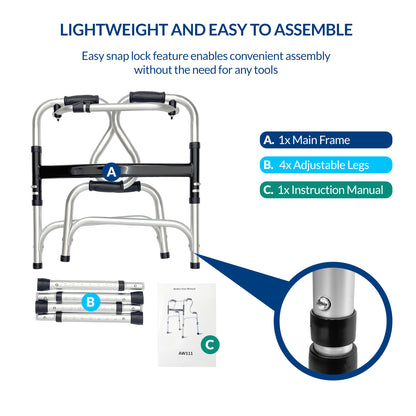 iCare AW111 Lightweight Aluminum Folding Walker with Adjustable Legs, Reciprocal Function and Anti-slip tips for stability and support
