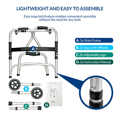 iCare AW112 Aluminum Folding Walker with back handles and wheels for mobility and support
