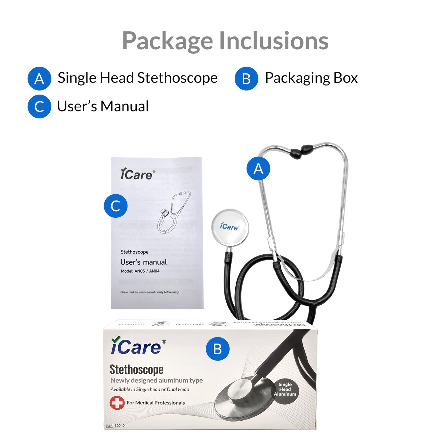 iCare AN03 Single head Aluminum Stethoscope with Soft Earbuds and Flexible Tubing