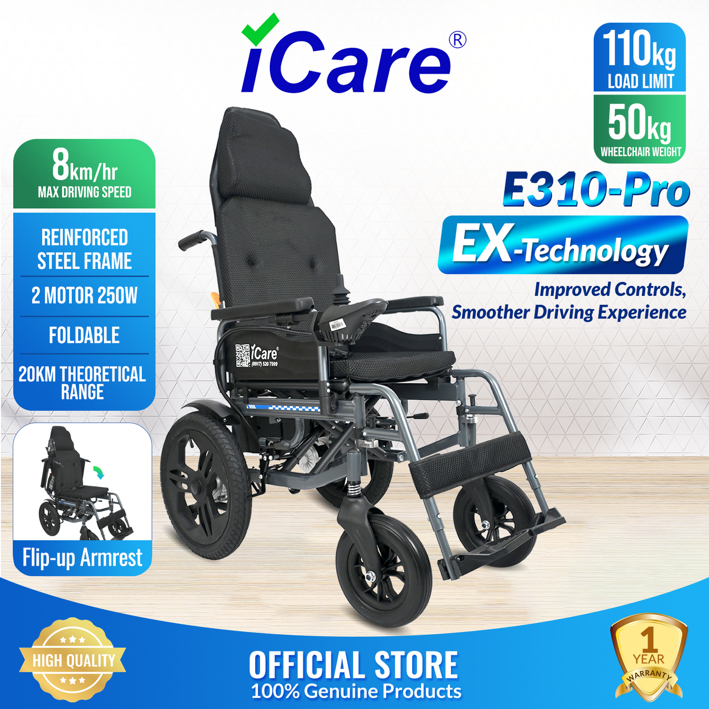 iCare® E310 Pro New Model Electric Wheelchair HEAVY DUTY (110kg Load Limit, 50kg Wheelchair Weight)