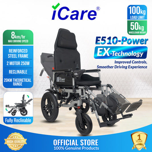 iCare® E510 Power New Model Adjustable Electric Wheelchair(100kg Load Limit, 50kg Wheelchair Weight)