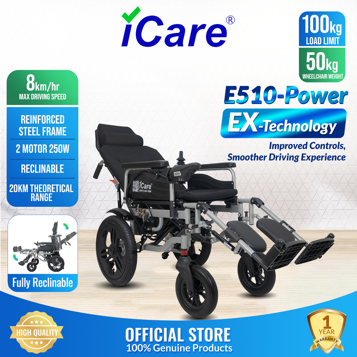 iCare® E510 Power New Model Reclinable Electric Wheelchair(100kg Load Limit, 50kg Wheelchair Weight)