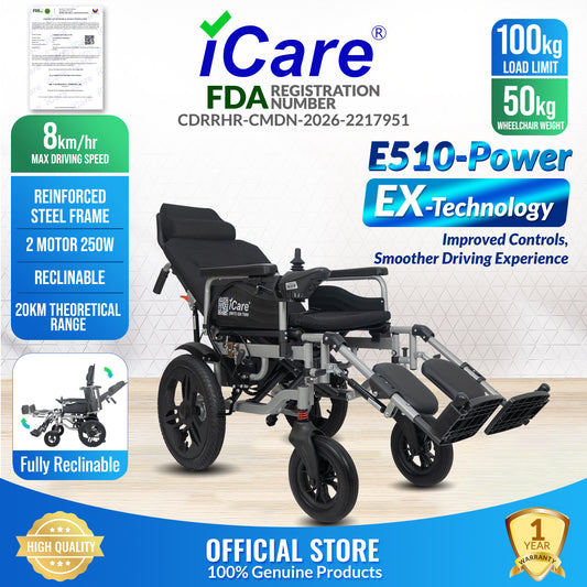 iCare® E510 Power New Model Reclinable Electric Wheelchair(100kg Load Limit, 50kg Wheelchair Weight)