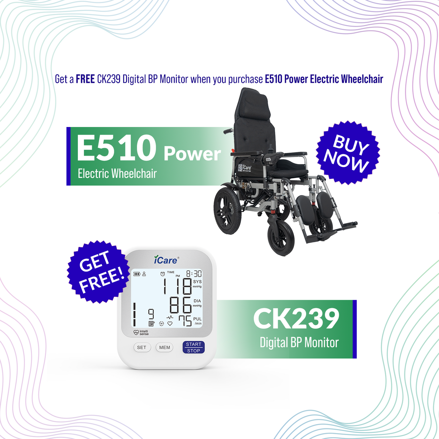 iCare® E510 Power New Model Reclinable Electric Wheelchair(100kg Load Limit, 50kg Wheelchair Weight)
