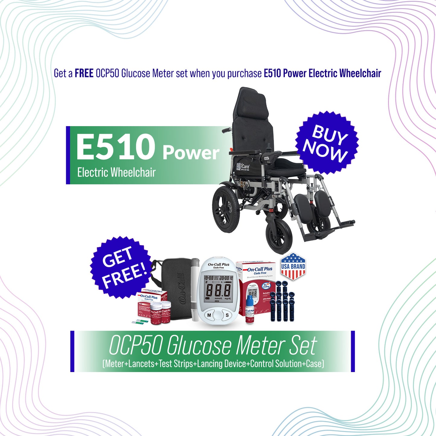 iCare® E510 Power New Model Adjustable Electric Wheelchair(110kg Load Limit, 50kg Wheelchair Weight)