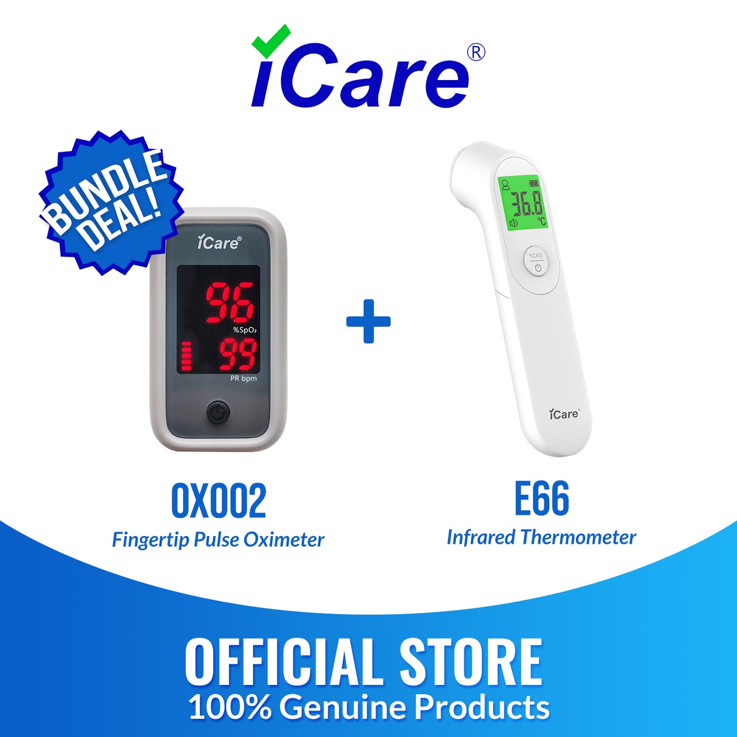 iCare Bundle Deal 11 OX002 Oximeter + E66 Infrared Thermometer, fingertip Pulse Oximeter with Infrared Forehead Thermometer Bundle (Copy)
