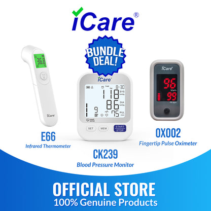 iCare Bundle Deal 12 OX002 Oximeter + E66 Infrared Thermometer + CK239 BP Monitor, Fingertip Pulse Oximeter with Infrared Forehead Thermometer and Blood Pressure Monitor Bundle