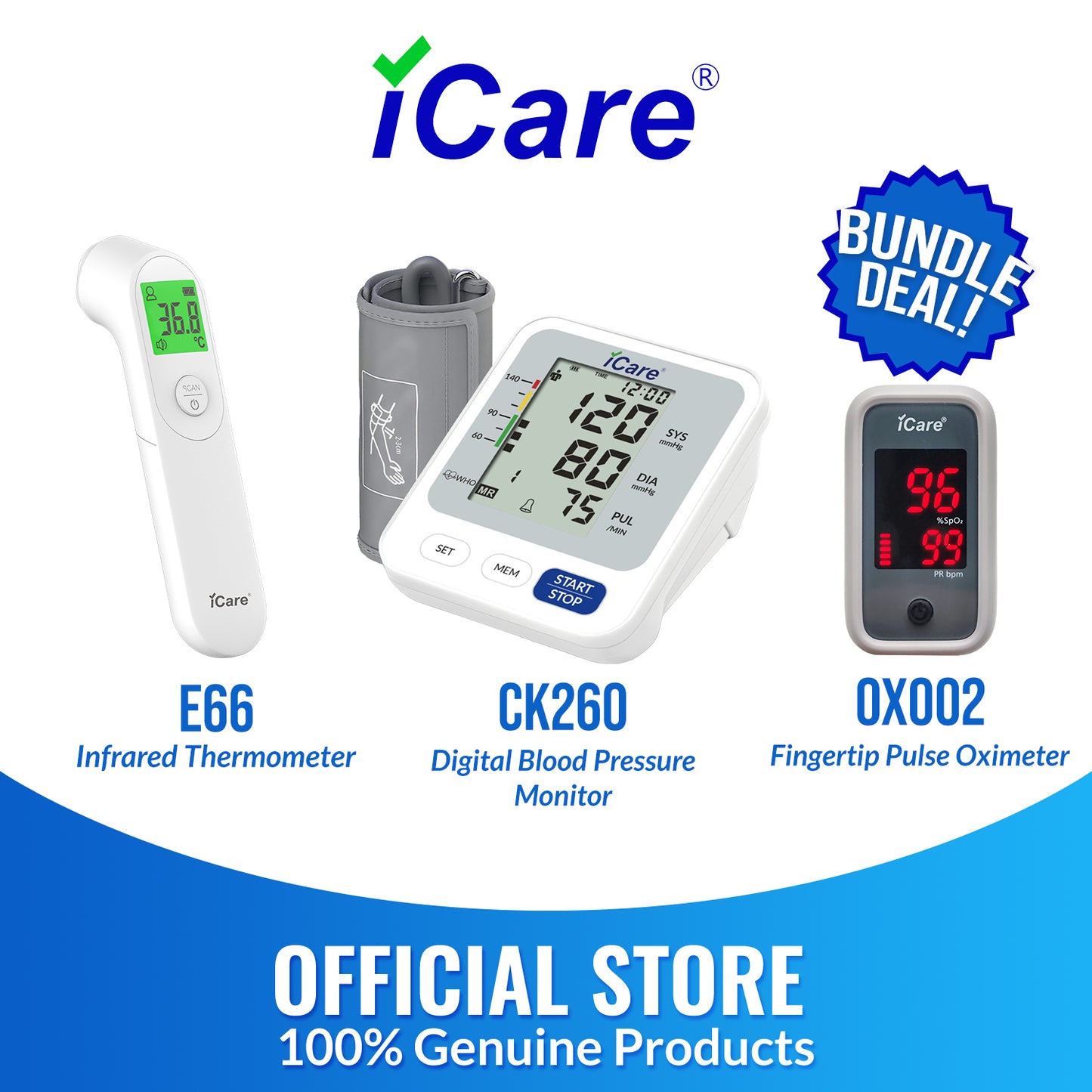 iCare Bundle Deal 13 OX002 Oximeter + E66 Infrared Thermometer + CK260 BP Monitor, Fingertip Pulse Oximeter with Infrared Forehead Thermometer and Blood Pressure Monitor Bundle