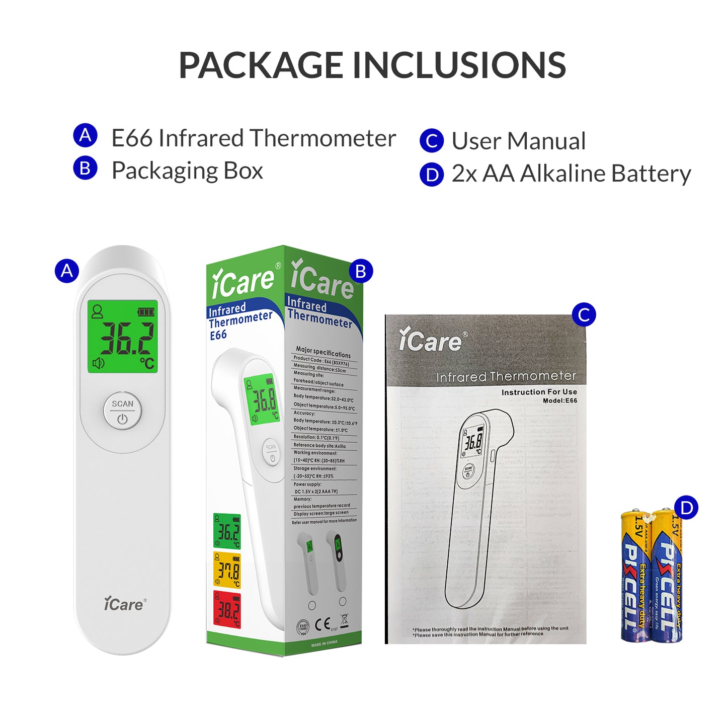 iCare® E66 Contactless Infrared Forehead Thermometer with Fever Alarm for Adults, Children Batteries Included