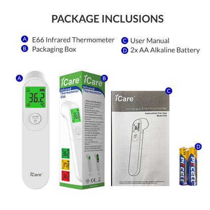 iCare® E66 Contactless Infrared Forehead Thermometer with Fever Alarm for Adults, Children Batteries Included