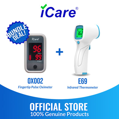 iCare Bundle Deal 10 OX002 Oximeter + E69 Infrared Thermometer, fingertip Pulse Oximeter with Infrared Forehead Thermometer Bundle