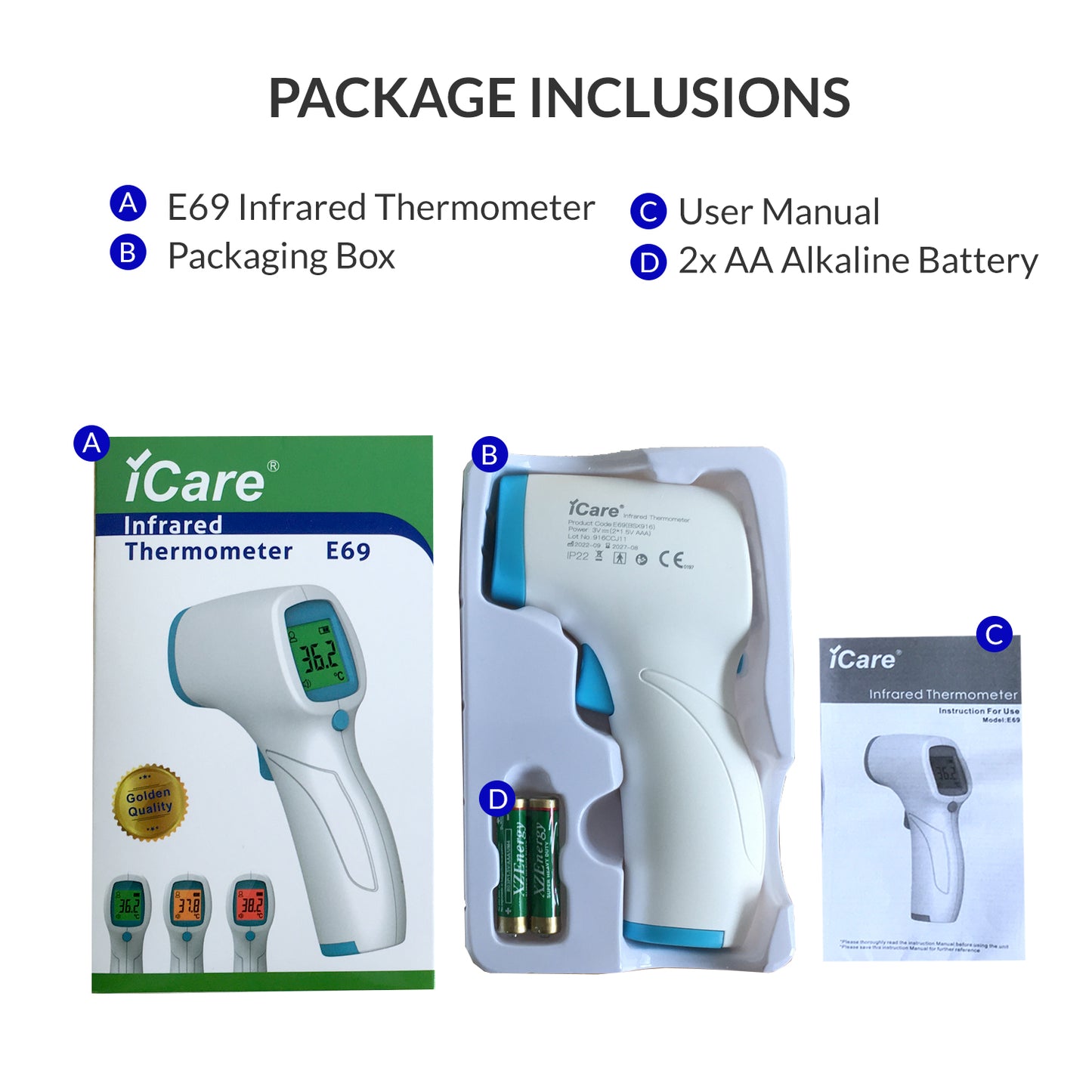 iCare Bundle Deal 10 OX002 Oximeter + E69 Infrared Thermometer, fingertip Pulse Oximeter with Infrared Forehead Thermometer Bundle