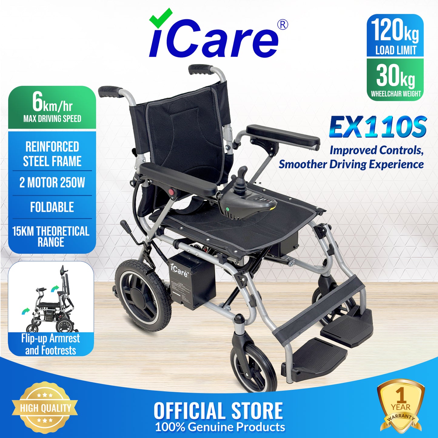 iCare EX110-S Steel Electric Wheelchair with Lead-Acid Battery