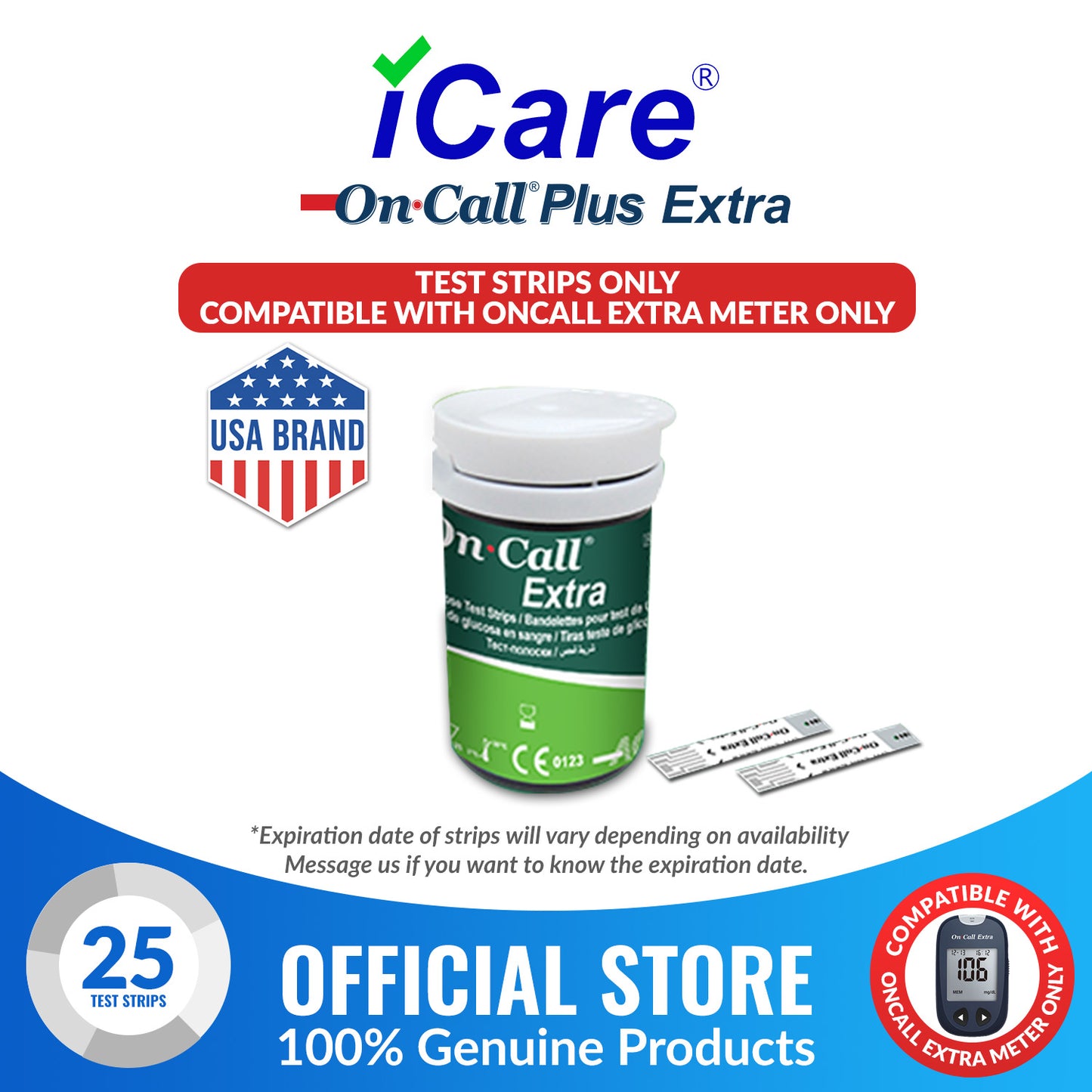 iCare® On Call® Extra Test Strips 25/50pcs iCare COMPATIBLE ONLY WITH ONCALL EXTRA METER