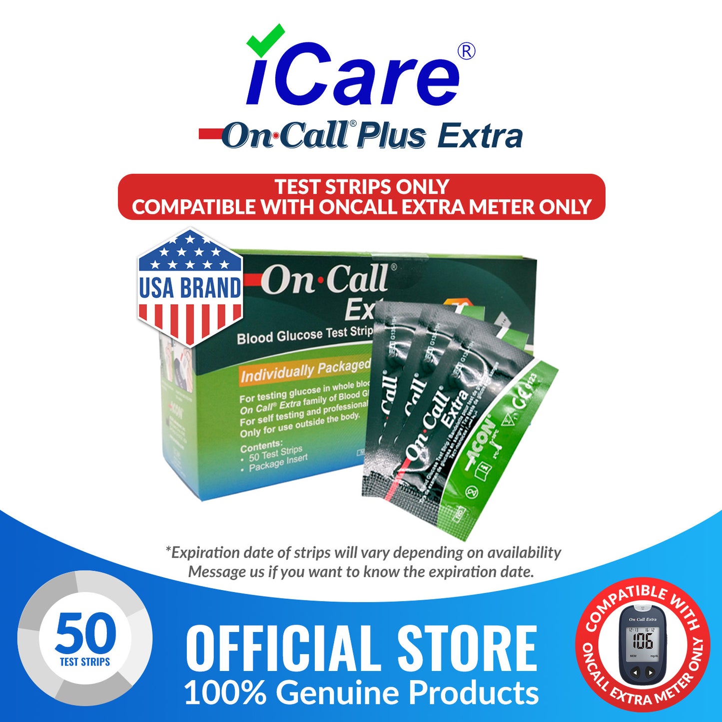 iCare® On Call® Extra Test Strips 25/50pcs iCare COMPATIBLE ONLY WITH ONCALL EXTRA METER