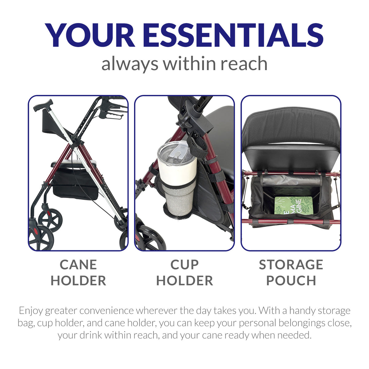 iCare RL13 Steel Rollator with Comfortable Seat, Storage Pouch, Cupholder, Cane holder & Hand Brakes For Mobility Assistance