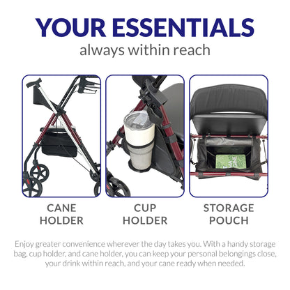 iCare RL13 Steel Rollator with Comfortable Seat, Storage Pouch, Cupholder, Cane holder & Hand Brakes For Mobility Assistance