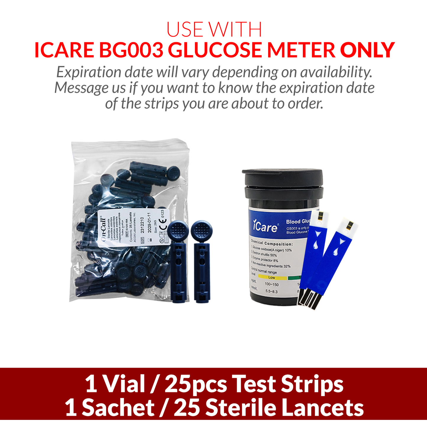 iCare 25pcs Blood Glucose Test Strips & 25pcs Lancets for BG003 Blood Glucose Meter