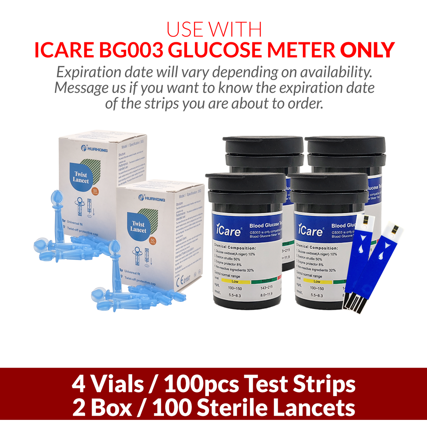 iCare BG003 100pcs Test Strips & 100pcs Lancets Compatible with BG003 Blood Glucose Meter ONLY