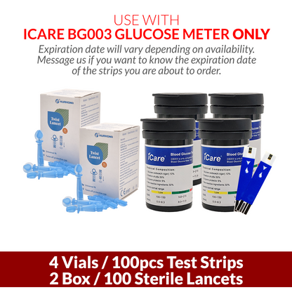 iCare BG003 100pcs Test Strips & 100pcs Lancets Compatible with BG003 Blood Glucose Meter ONLY