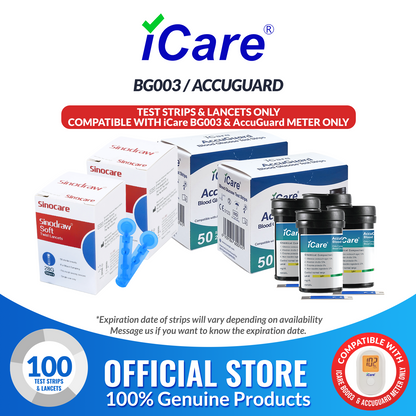 iCare AG-T100 100pcs Test Strips & 100pcs Lancets Compatible with BG003 and AccuGuard Blood Glucose Meter ONLY