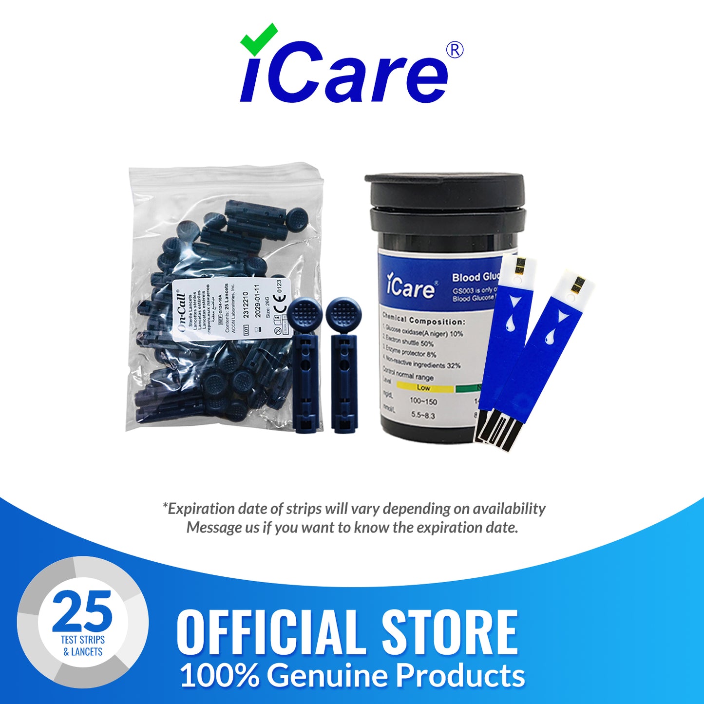 iCare 25pcs Blood Glucose Test Strips & 25pcs Lancets for BG003 Blood Glucose Meter