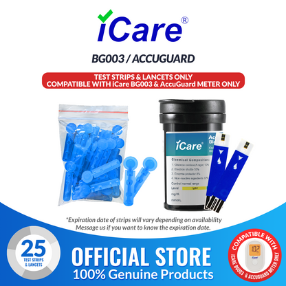iCare AG-T25 25pcs Blood Glucose Test Strips & 25pcs Lancets for BG003 and AccuGuard Blood Glucose Meter