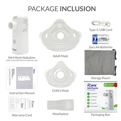 iCare N64 FlexiAir Portable Mesh Nebulizer with Replaceable Mesh, USB/Battery Powered, Mouthpiece & Masks for Kids and Adults