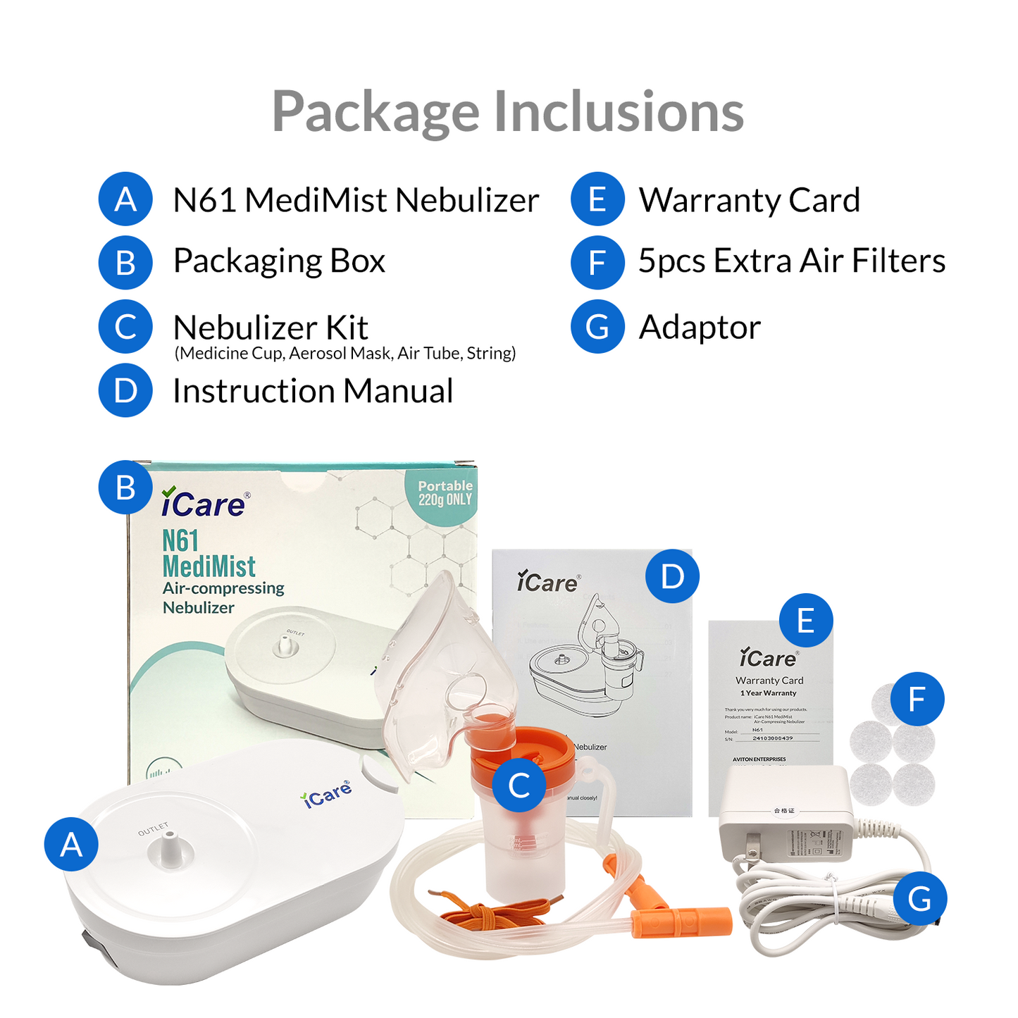 iCare Bundle Deal 35 OX001 Fingertip Pulse Oximeter + N61 MediMist Compressor Nebulizer Kit + CK238 Digital BP Monitor Bundle