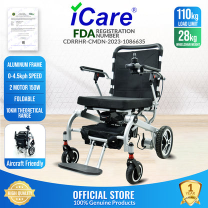 iCare® LUX860 Foldable Electric Wheelchair Aircraft-Grade Aluminum Frame (100kg Load Limit, 28kg Wheelchair Weight)