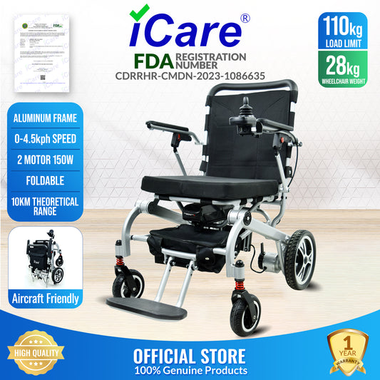 iCare® LUX860 Foldable Electric Wheelchair Aircraft-Grade Aluminum Frame (100kg Load Limit, 28kg Wheelchair Weight)