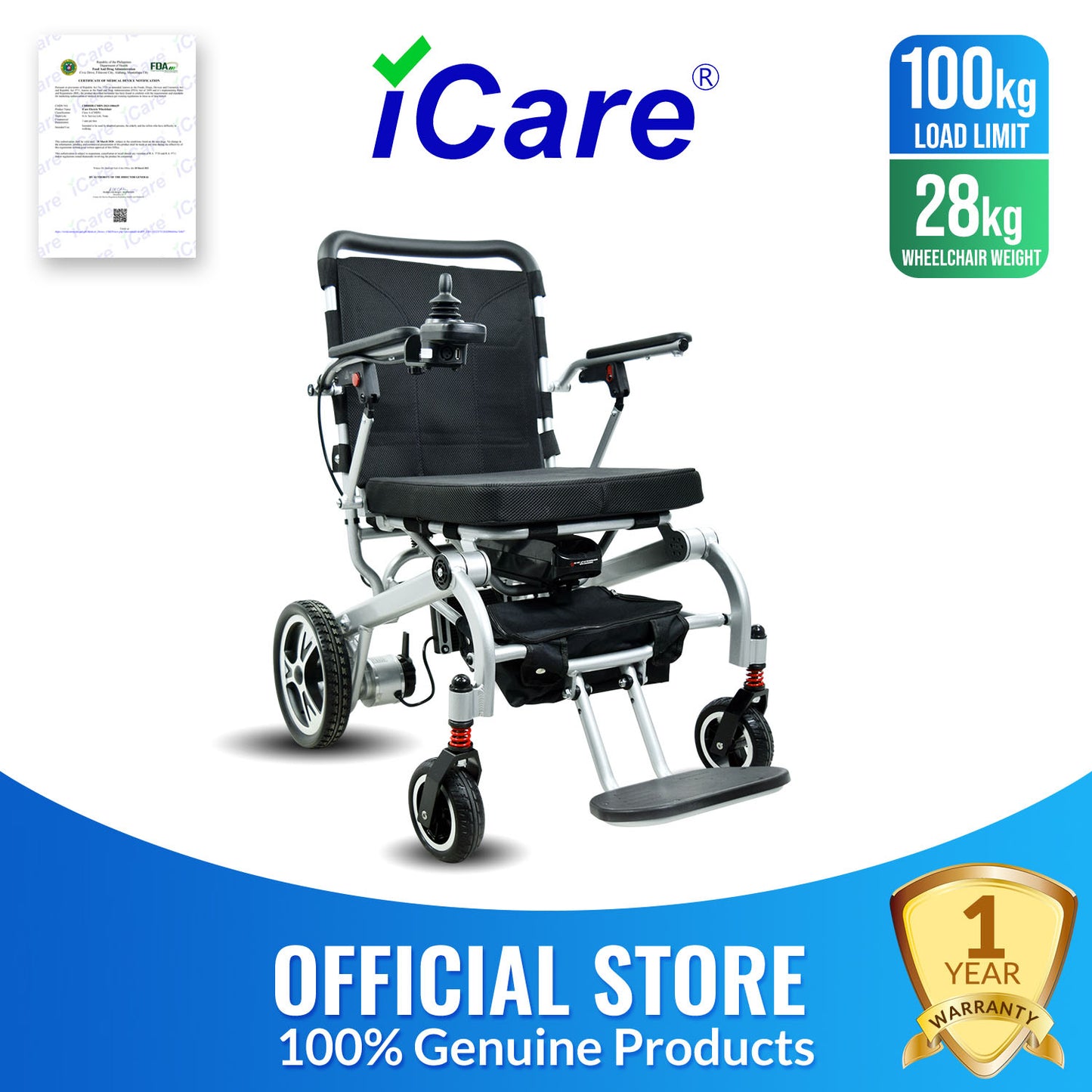 iCare® LUX860 Foldable Electric Wheelchair Aircraft-Grade Aluminum Frame (100kg Load Limit, 28kg Wheelchair Weight)