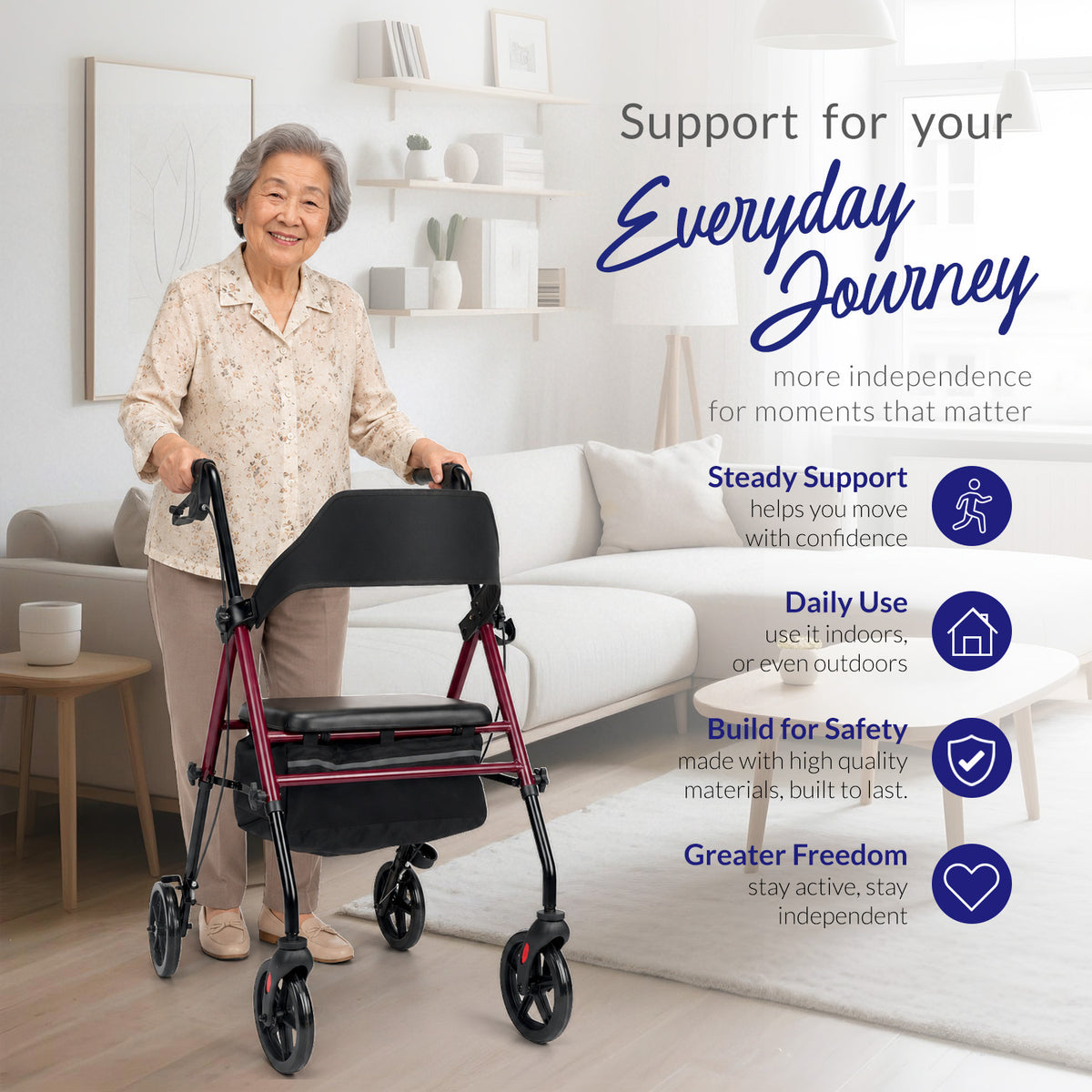 iCare RL13 Steel Rollator with Comfortable Seat, Storage Pouch, Cupholder, Cane holder & Hand Brakes For Mobility Assistance