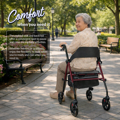 iCare RL13 Steel Rollator with Comfortable Seat, Storage Pouch, Cupholder, Cane holder & Hand Brakes For Mobility Assistance