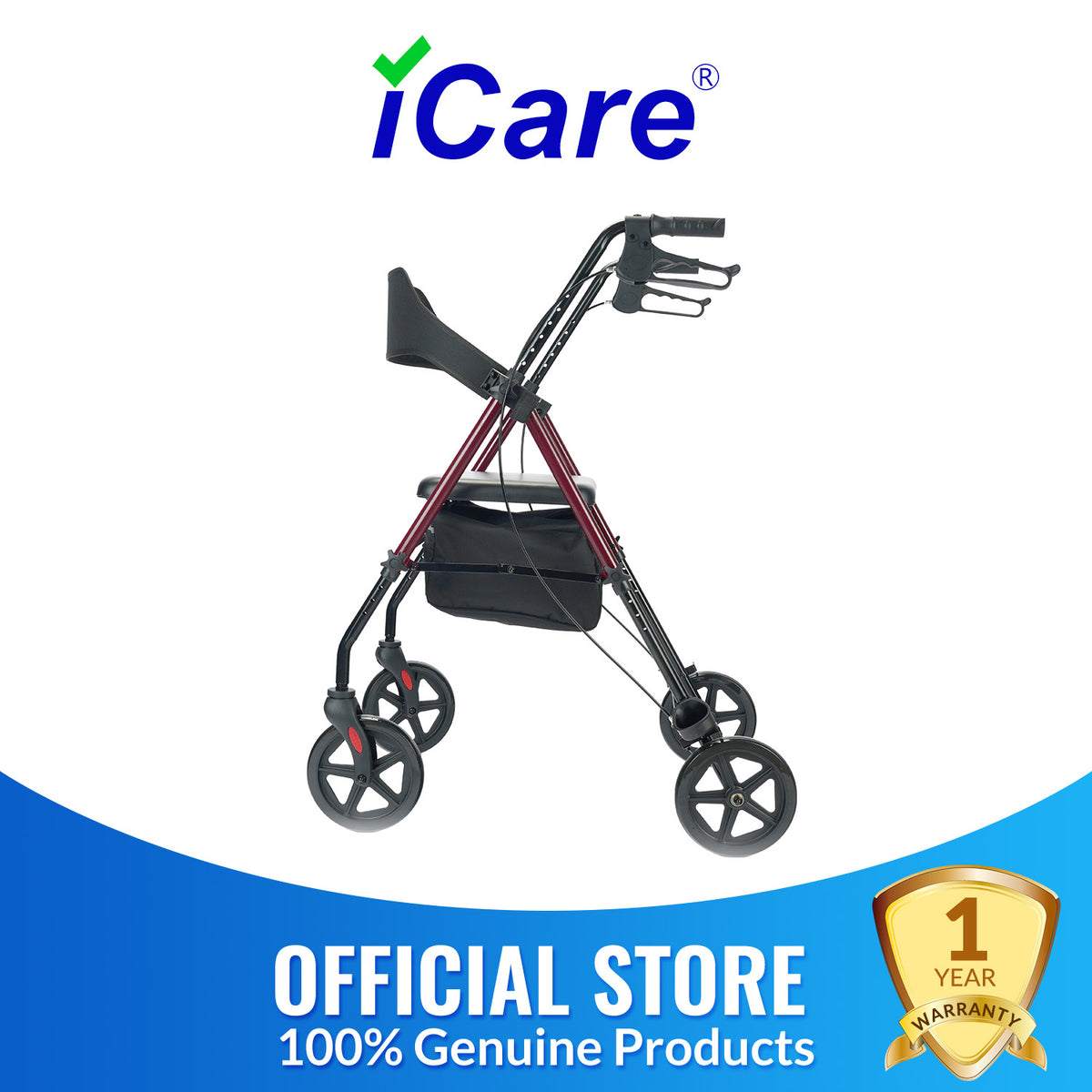iCare RL13 Steel Rollator with Comfortable Seat, Storage Pouch, Cupholder, Cane holder & Hand Brakes For Mobility Assistance